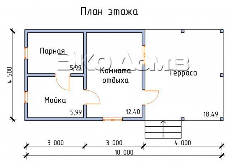 проект бани с комнатой отдыха и террасой